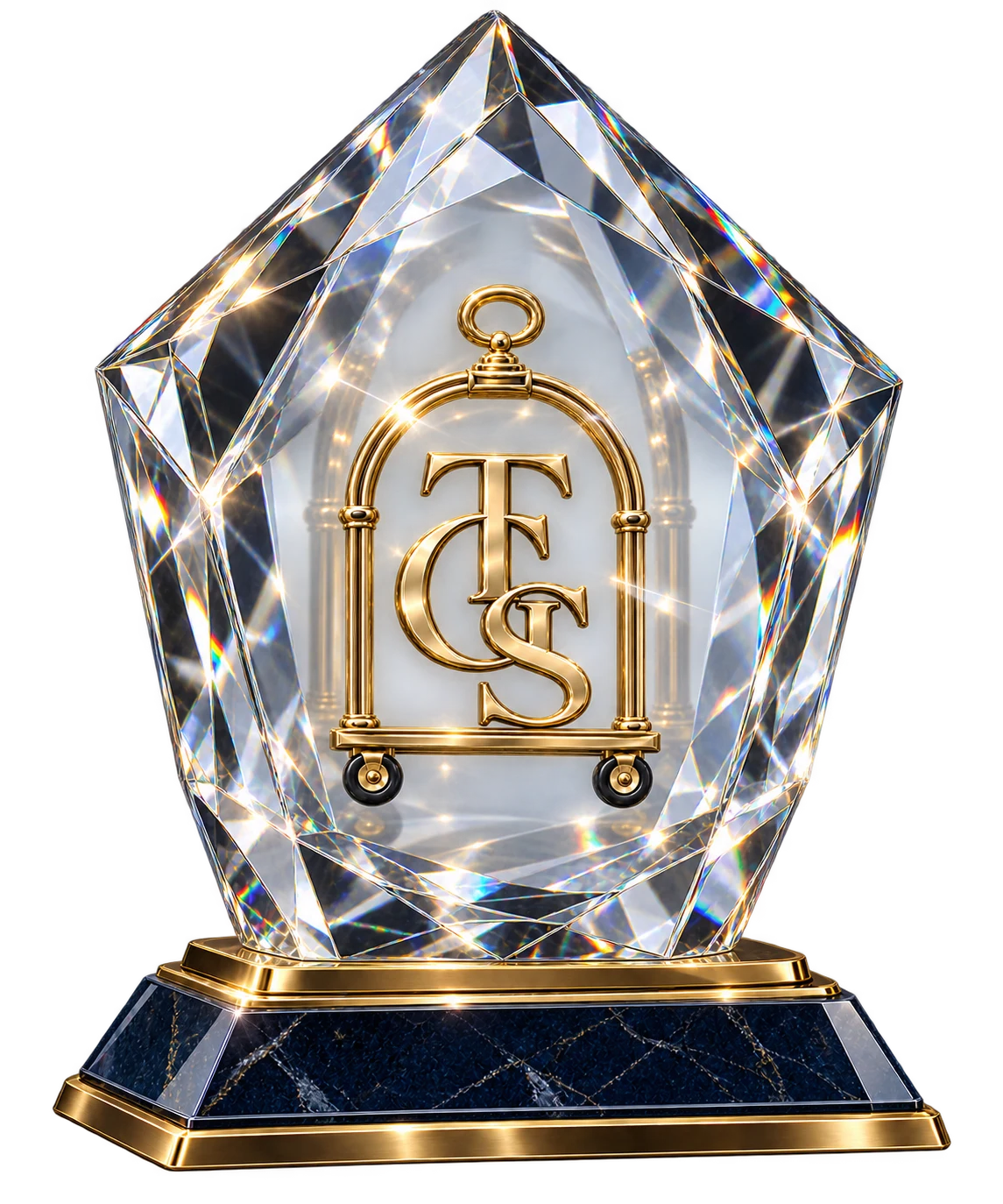 A faceted crystal award containing the gold TGS trolley monogram