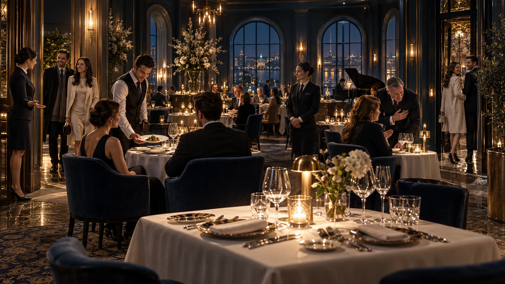 A refined restaurant evening showing a warm welcome, attentive service, thoughtful details, service recovery and a gracious farewell