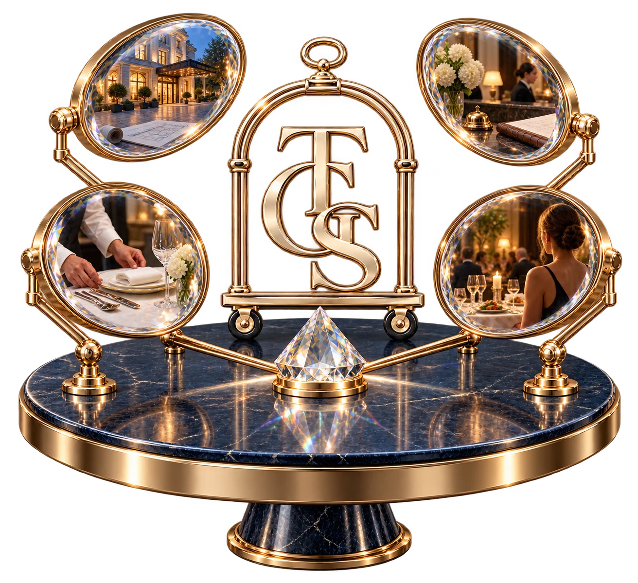 A gold TGS trolley sculpture surrounded by four crystal lenses showing owner, manager, team and guest perspectives